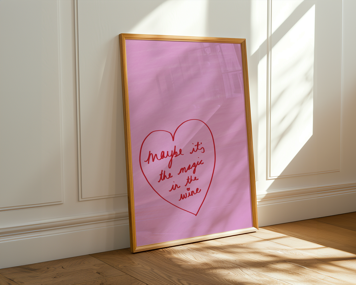 'Magic in the Wine' Heart Art Print – Playful Pink & Red Typography Poster for Kitchen or Dining