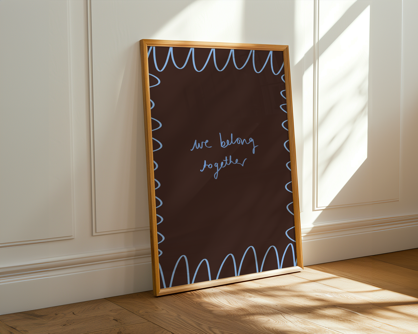 'We Belong Together' Typography Art Print – Romantic Dark Bedroom Wall Decor in Mocha & Blue