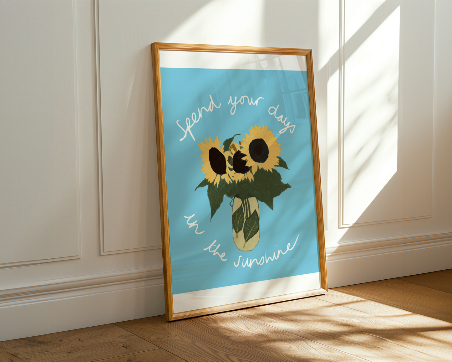 'Spend Your Days In The Sunshine' Art Print – Oasis Inspired Sunflower Wall Decor in Sky Blue & Yellow