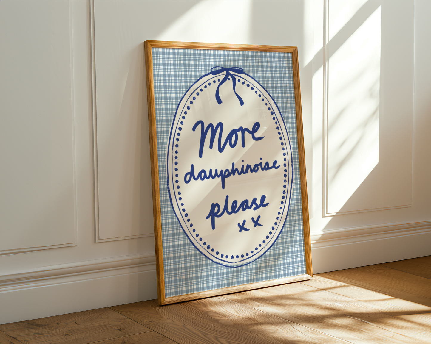 'More Dauphinoise Please' Typography Art Print – Illustrated French Kitchen Wall Decor in Cornflower Blue & Cream