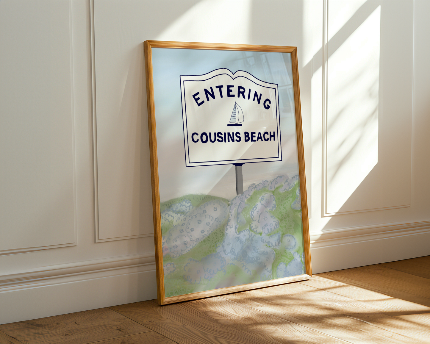 'Entering Cousins Beach' Art Print – Illustrated Coastal Wall Decor in Navy & Soft Watercolour