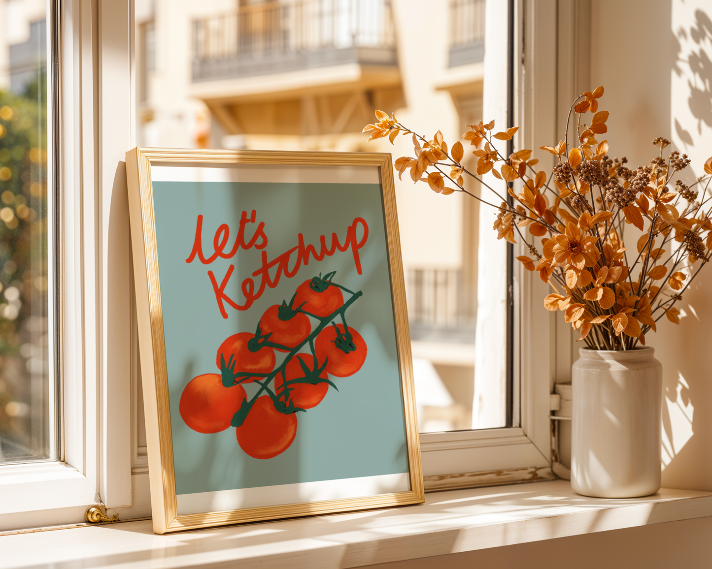 'Let's Ketchup' Art Print – Illustrated Kitchen Wall Decor in Sage Green & Tomato Red