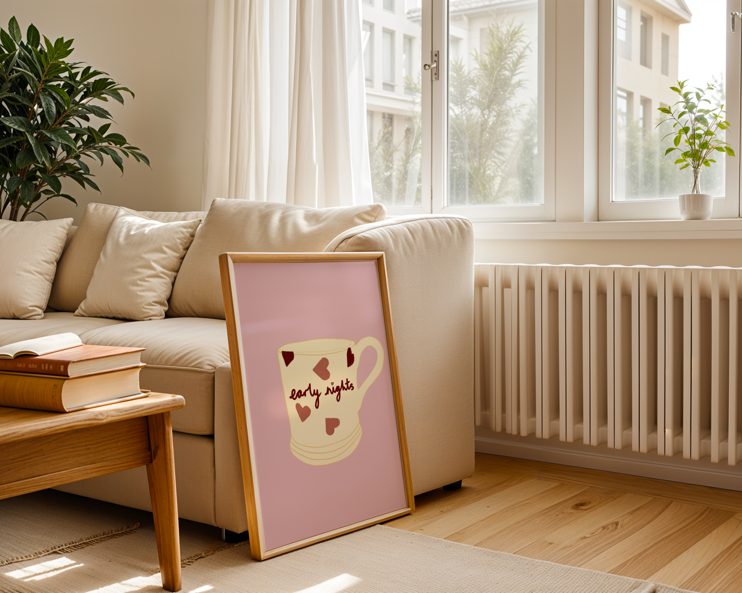 'Early Nights' Art Print Cosy Mug Wall Art | Blush Pink Heart Print | Cute Bedroom Decor | Whimsical Illustration Poster