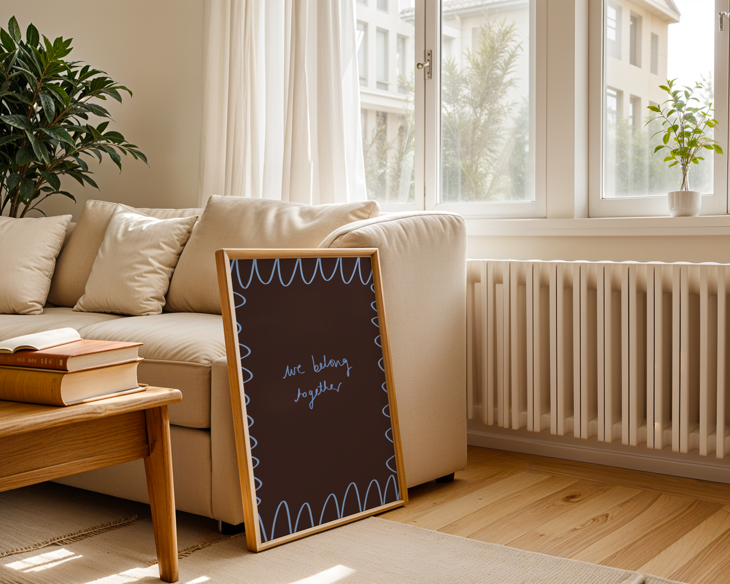 'We Belong Together' Typography Art Print – Romantic Dark Bedroom Wall Decor in Mocha & Blue