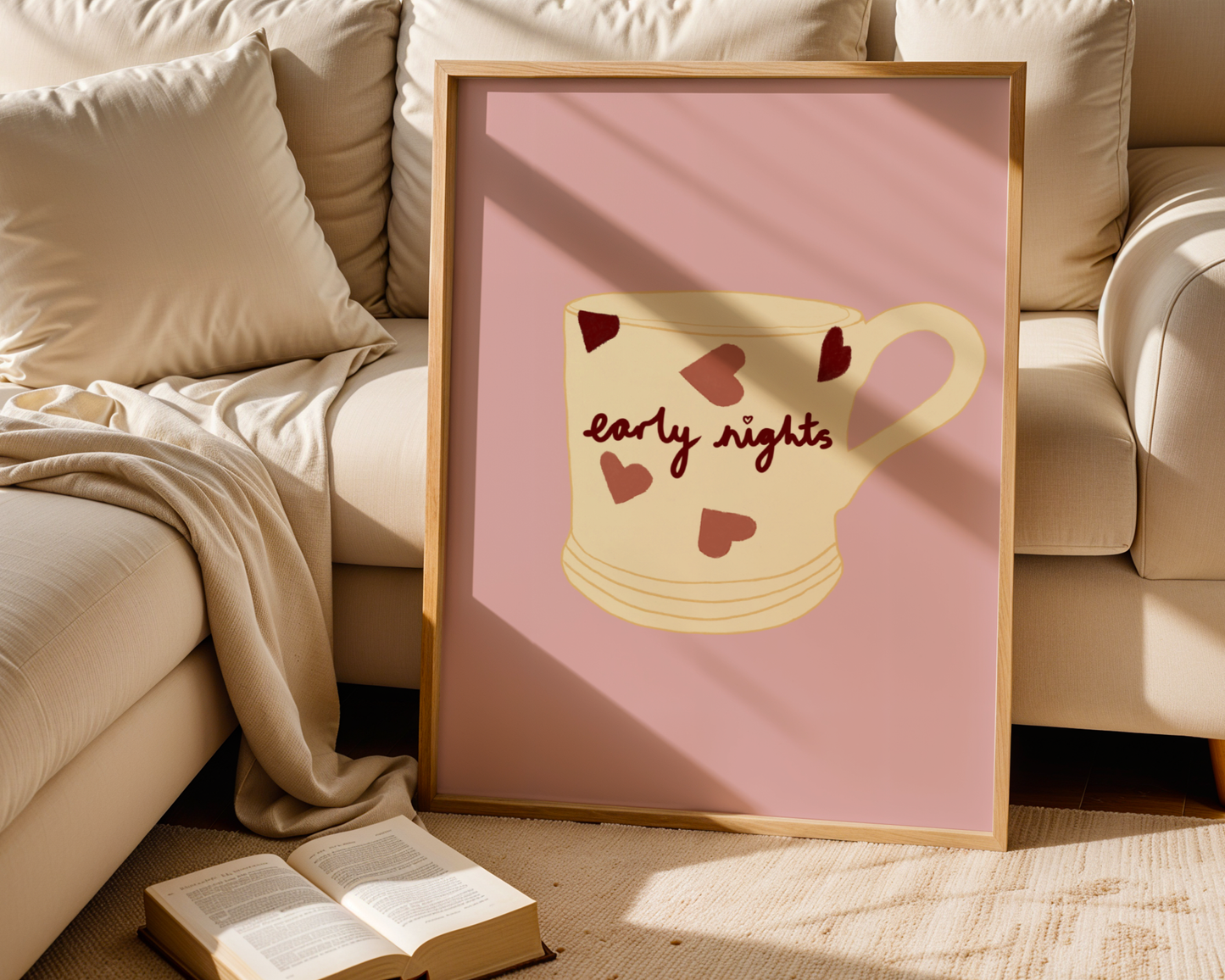 'Early Nights' Art Print Cosy Mug Wall Art | Blush Pink Heart Print | Cute Bedroom Decor | Whimsical Illustration Poster
