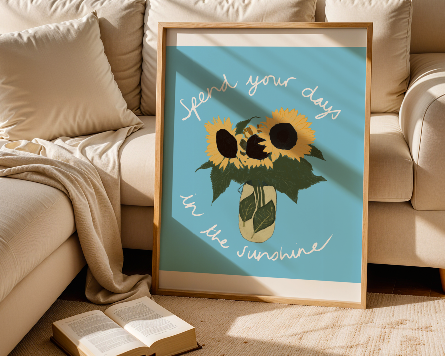 'Spend Your Days In The Sunshine' Art Print – Oasis Inspired Sunflower Wall Decor in Sky Blue & Yellow