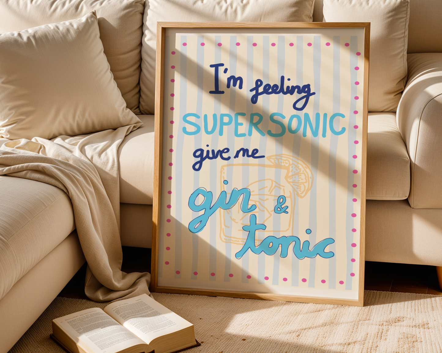 'I'm Feeling Supersonic' Typography Art Print – Oasis Inspired Kitchen & Bar Wall Decor in Blue & Cream