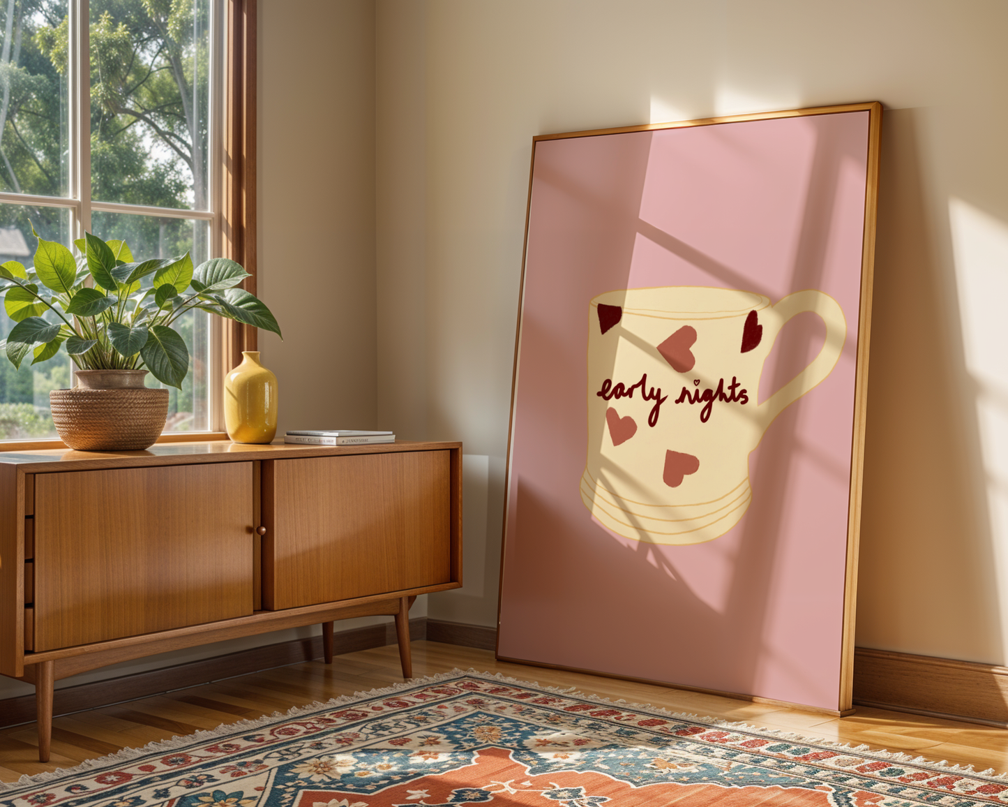 'Early Nights' Art Print Cosy Mug Wall Art | Blush Pink Heart Print | Cute Bedroom Decor | Whimsical Illustration Poster
