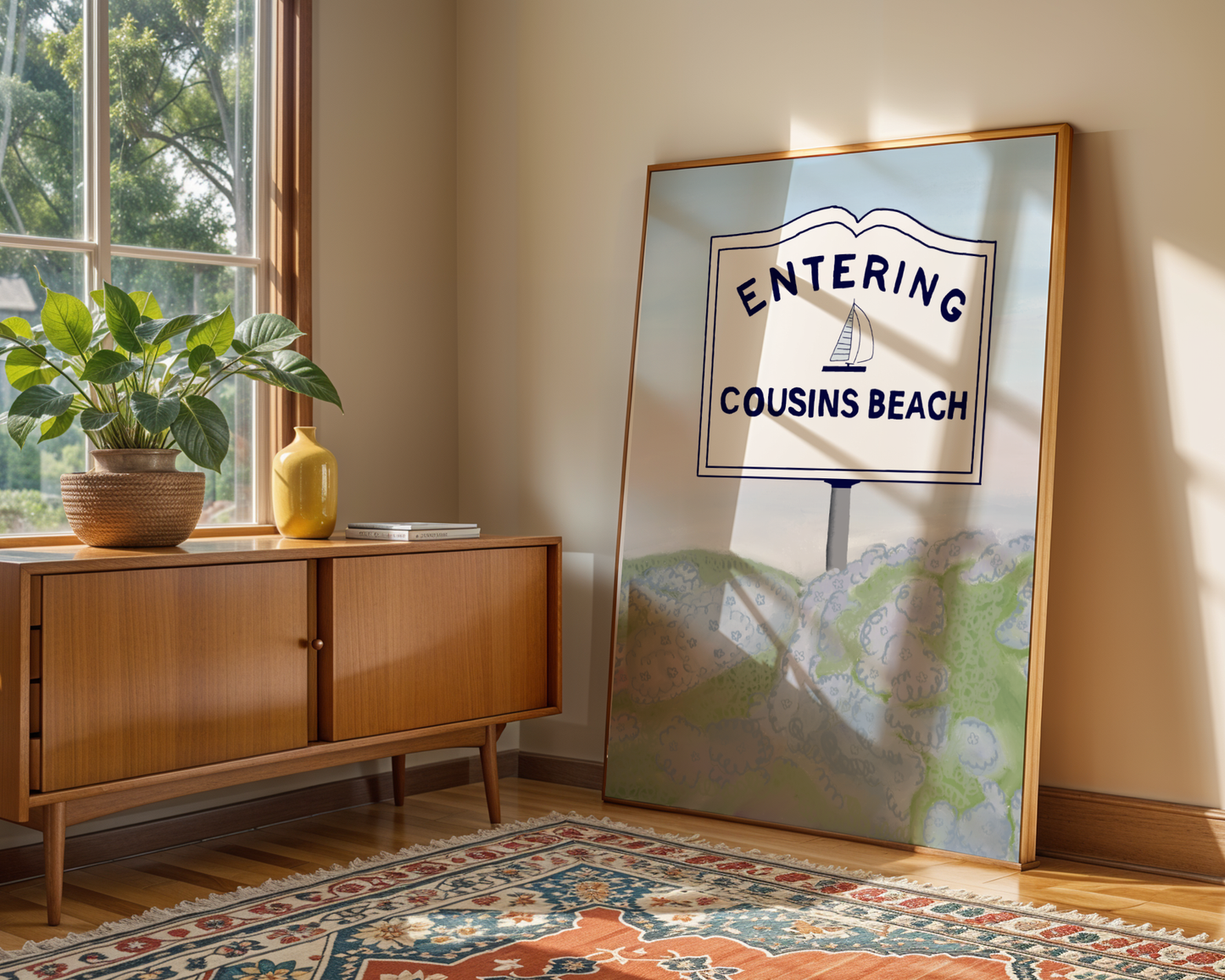 'Entering Cousins Beach' Art Print – Illustrated Coastal Wall Decor in Navy & Soft Watercolour
