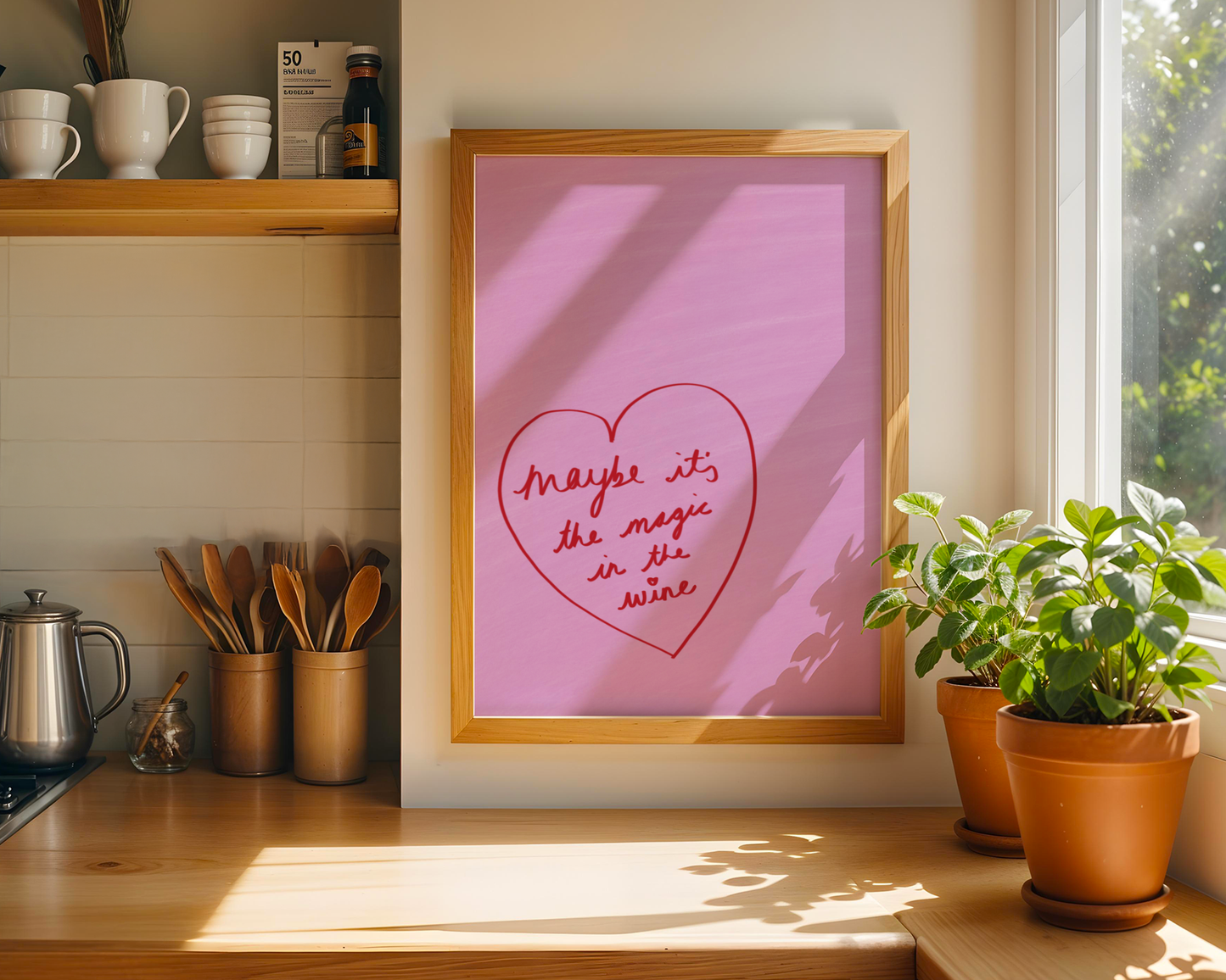 'Magic in the Wine' Heart Art Print – Playful Pink & Red Typography Poster for Kitchen or Dining