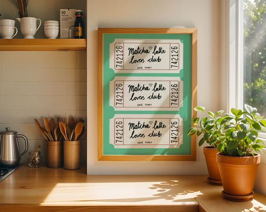 'Matcha Latte Lovers Club' Ticket Art Print – Illustrated Kitchen Wall Decor in Jade Green & Cream