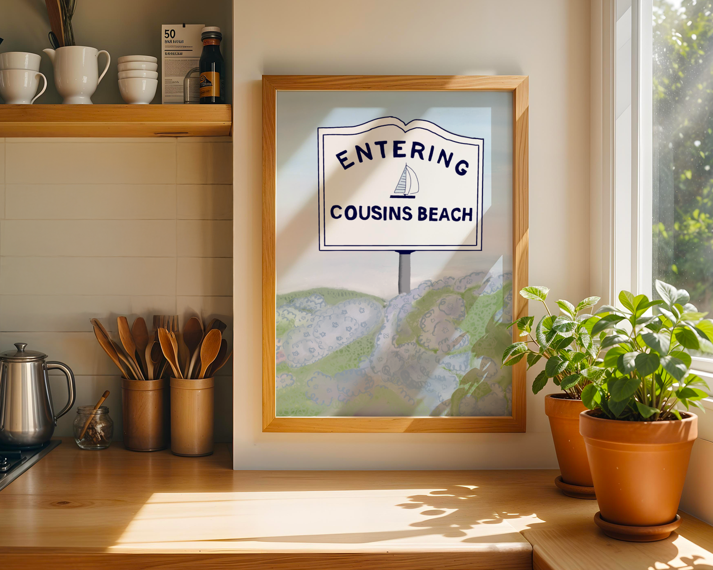 'Entering Cousins Beach' Art Print – Illustrated Coastal Wall Decor in Navy & Soft Watercolour