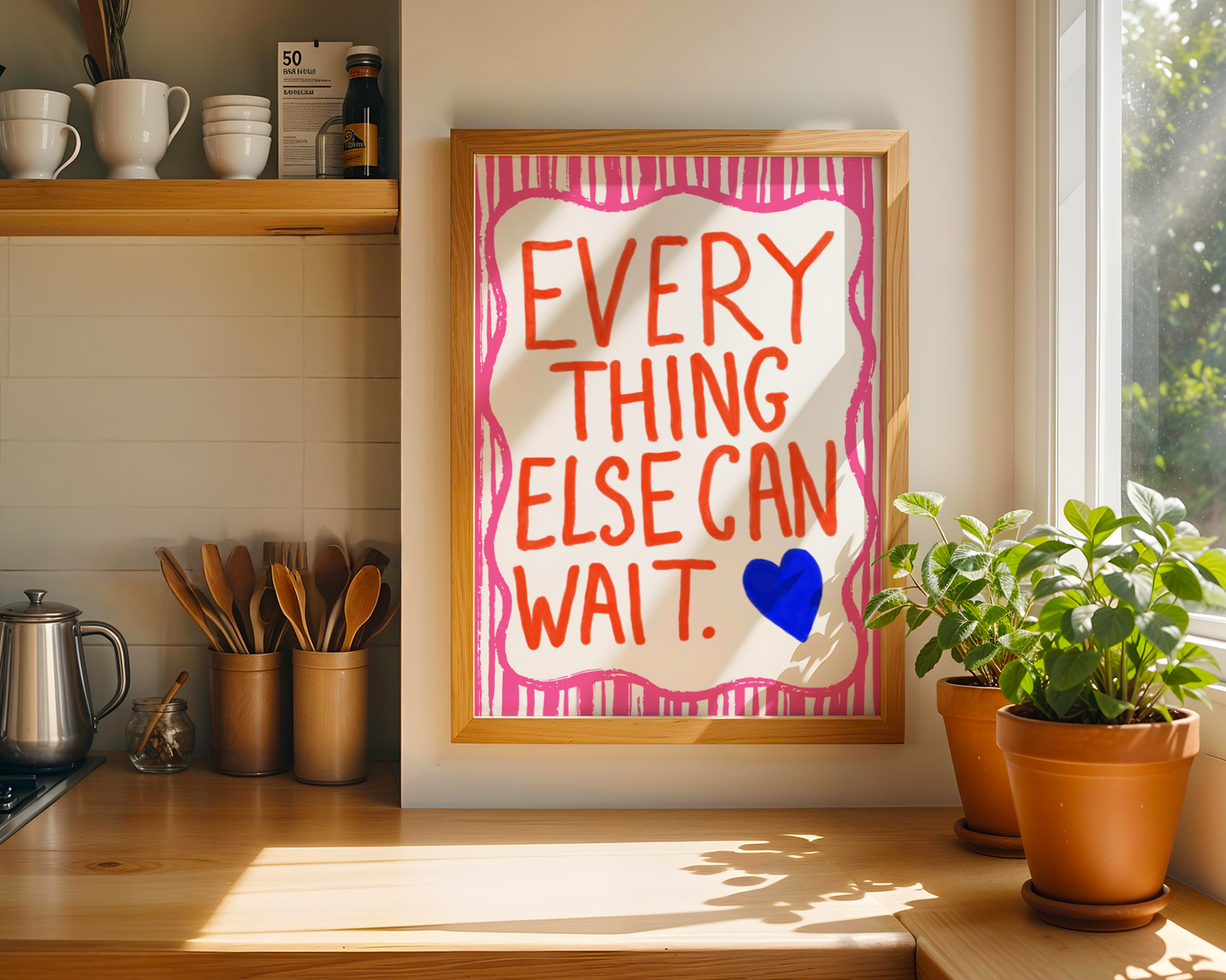 'Everything Else Can Wait' Typography Art Print – Bold Maximalist Wall Decor in Hot Pink, Orange & Cobalt