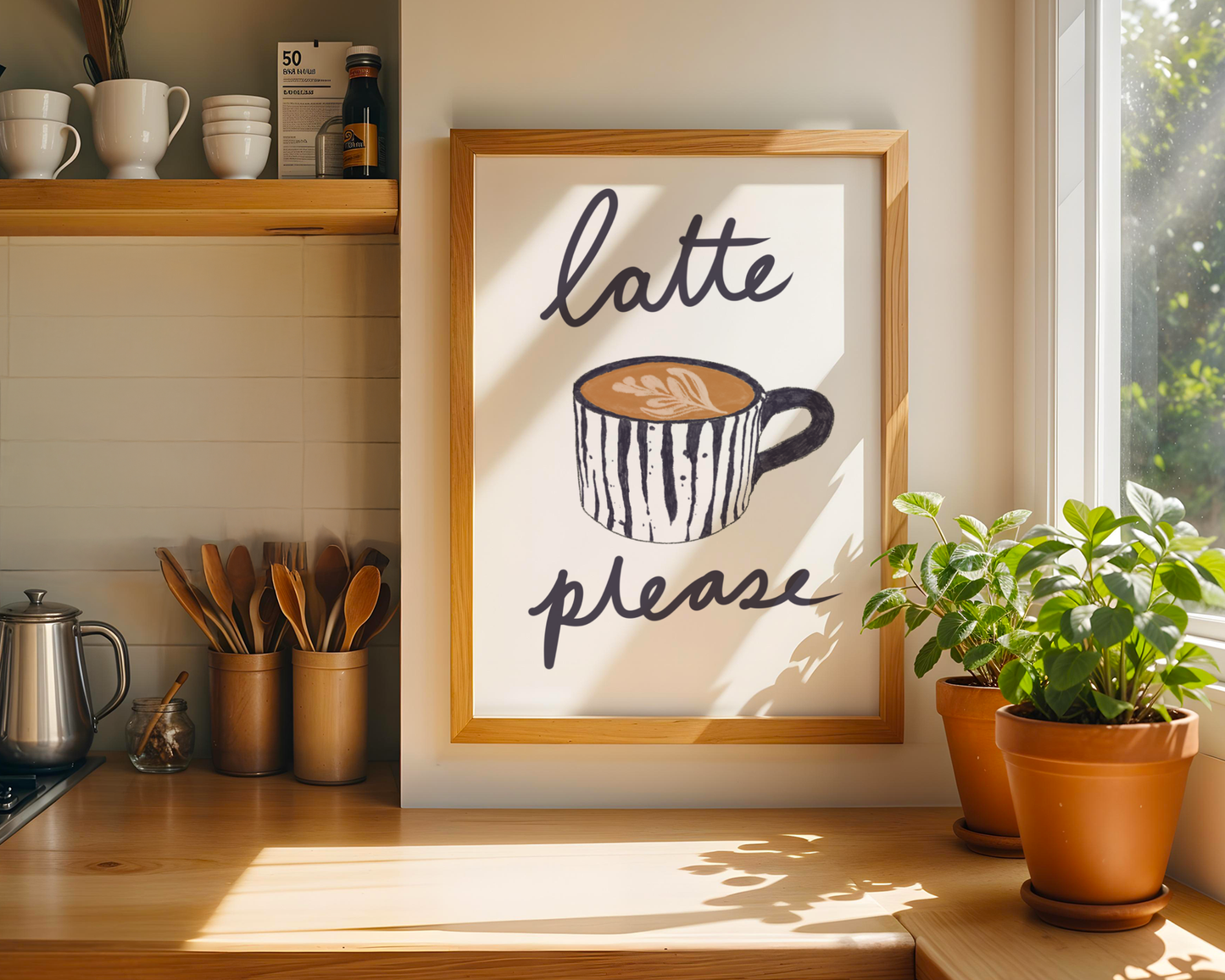 'Latte Please' Art Print – Illustrated Coffee Kitchen Wall Decor in Charcoal & Warm Cream