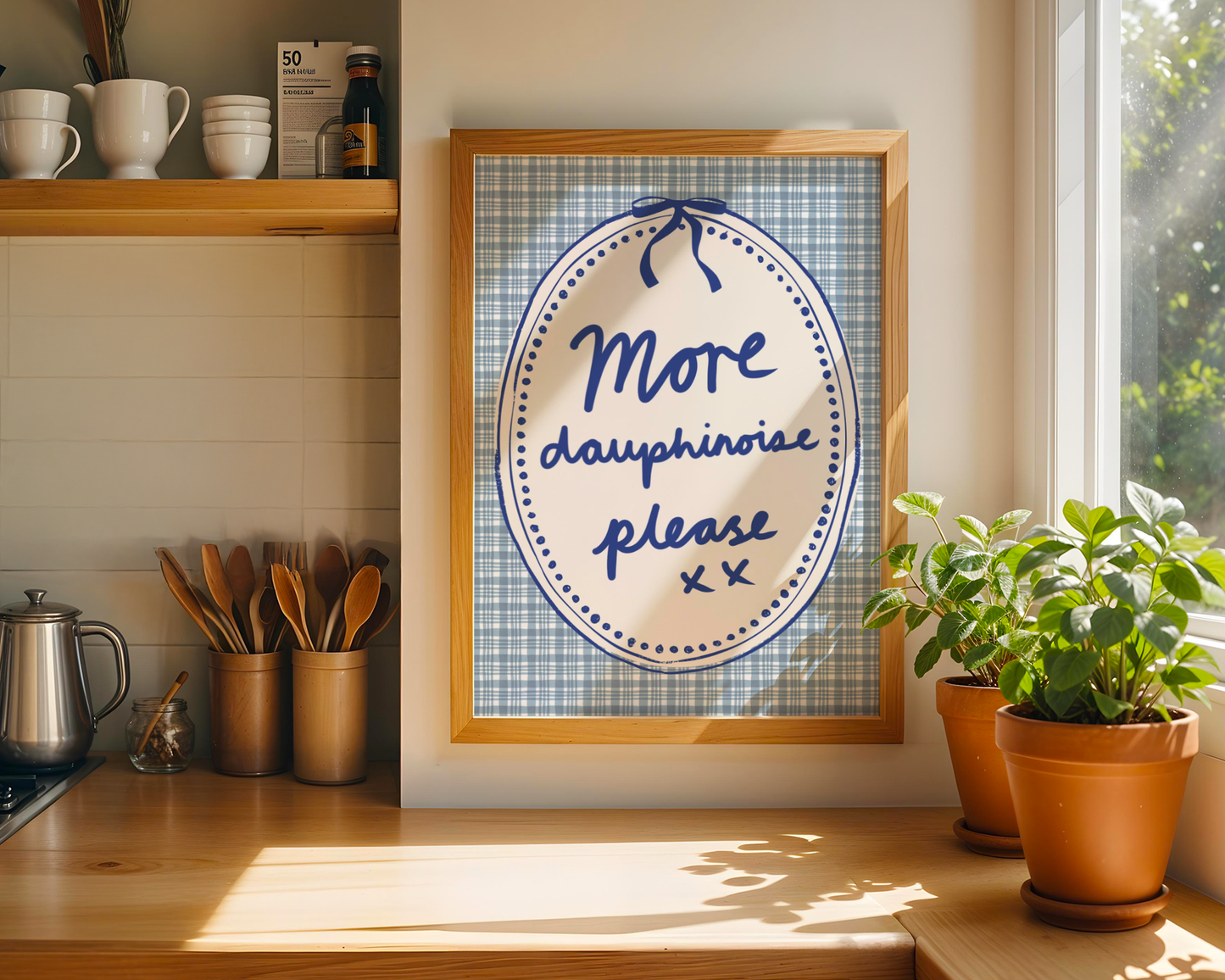'More Dauphinoise Please' Typography Art Print – Illustrated French Kitchen Wall Decor in Cornflower Blue & Cream