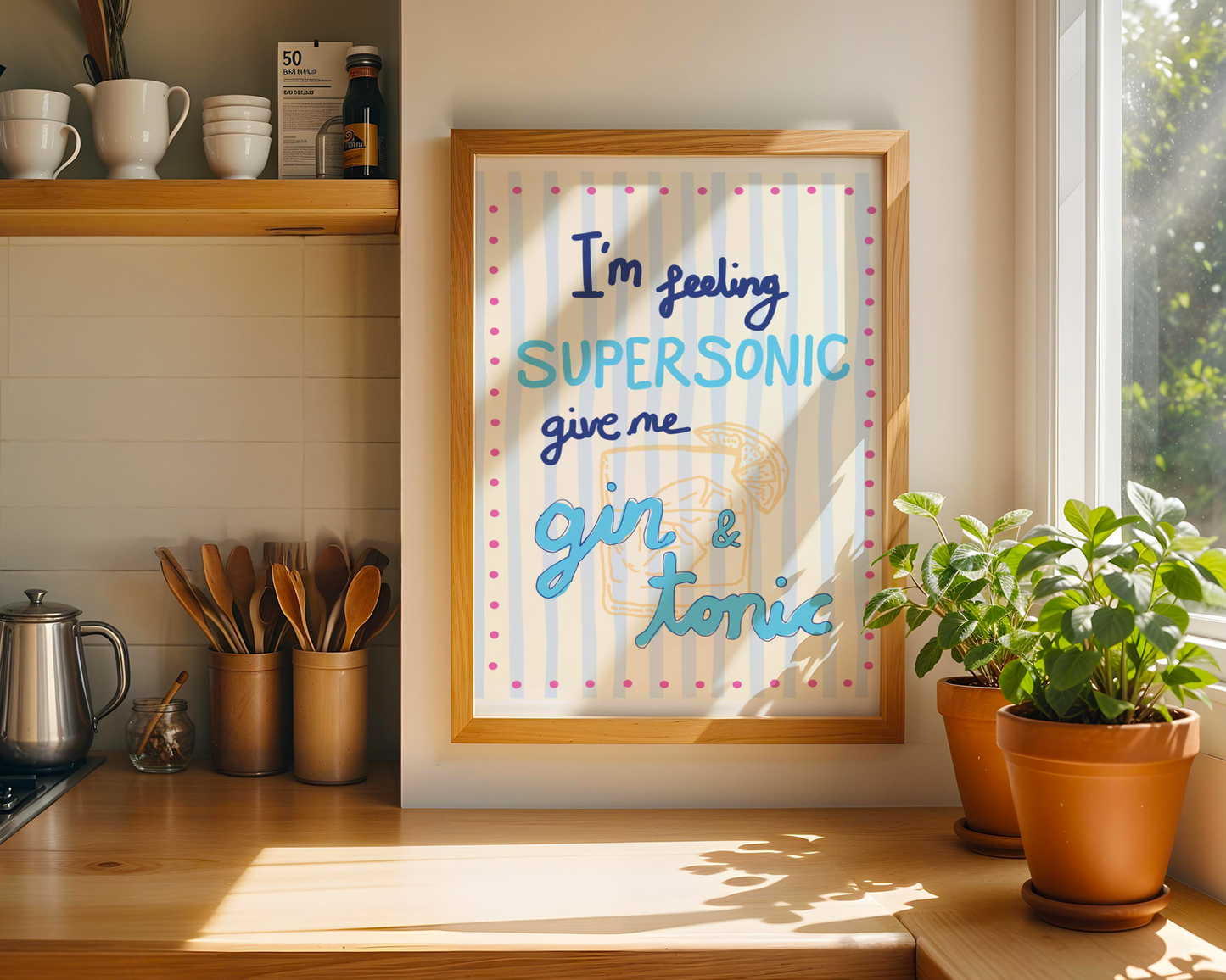 'I'm Feeling Supersonic' Typography Art Print – Oasis Inspired Kitchen & Bar Wall Decor in Blue & Cream