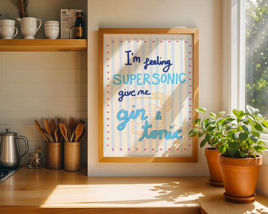 'I'm Feeling Supersonic' Typography Art Print – Oasis Inspired Kitchen & Bar Wall Decor in Blue & Cream