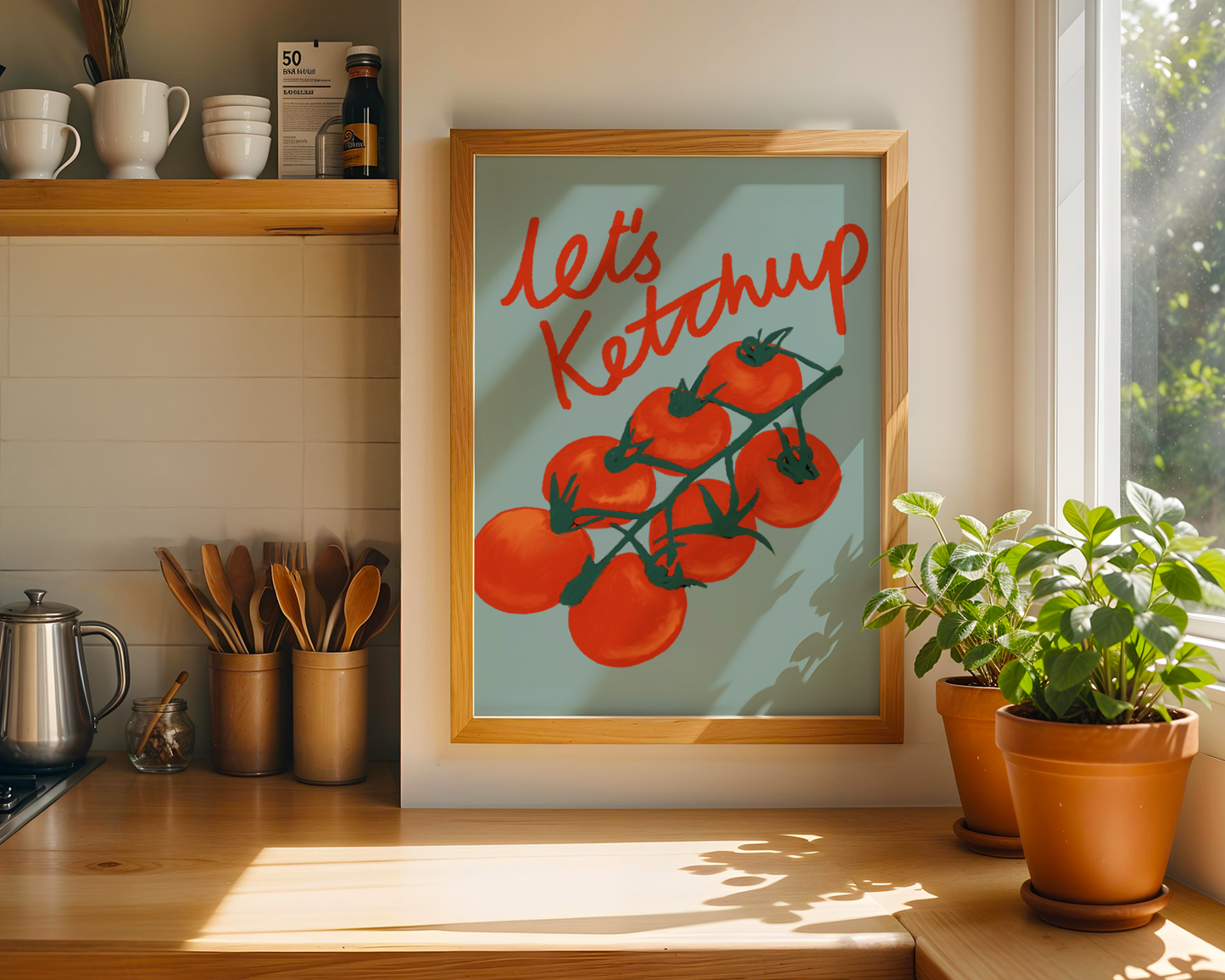 'Let's Ketchup' Art Print – Illustrated Kitchen Wall Decor in Sage Green & Tomato Red