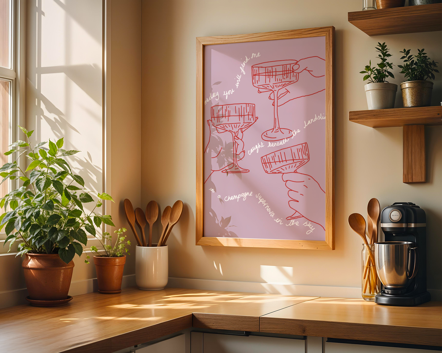 'Champagne Supernova' Art Print – Oasis Inspired Line Art Wall Decor in Pink & Red