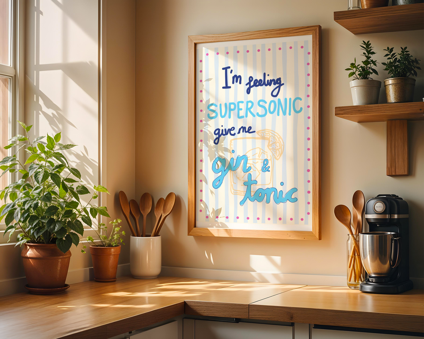 'I'm Feeling Supersonic' Typography Art Print – Oasis Inspired Kitchen & Bar Wall Decor in Blue & Cream