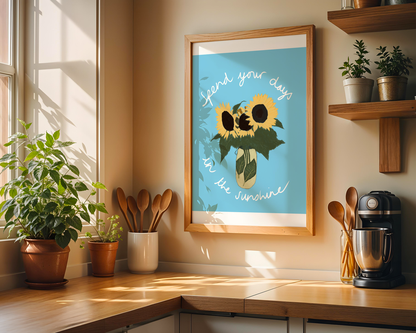 'Spend Your Days In The Sunshine' Art Print – Oasis Inspired Sunflower Wall Decor in Sky Blue & Yellow