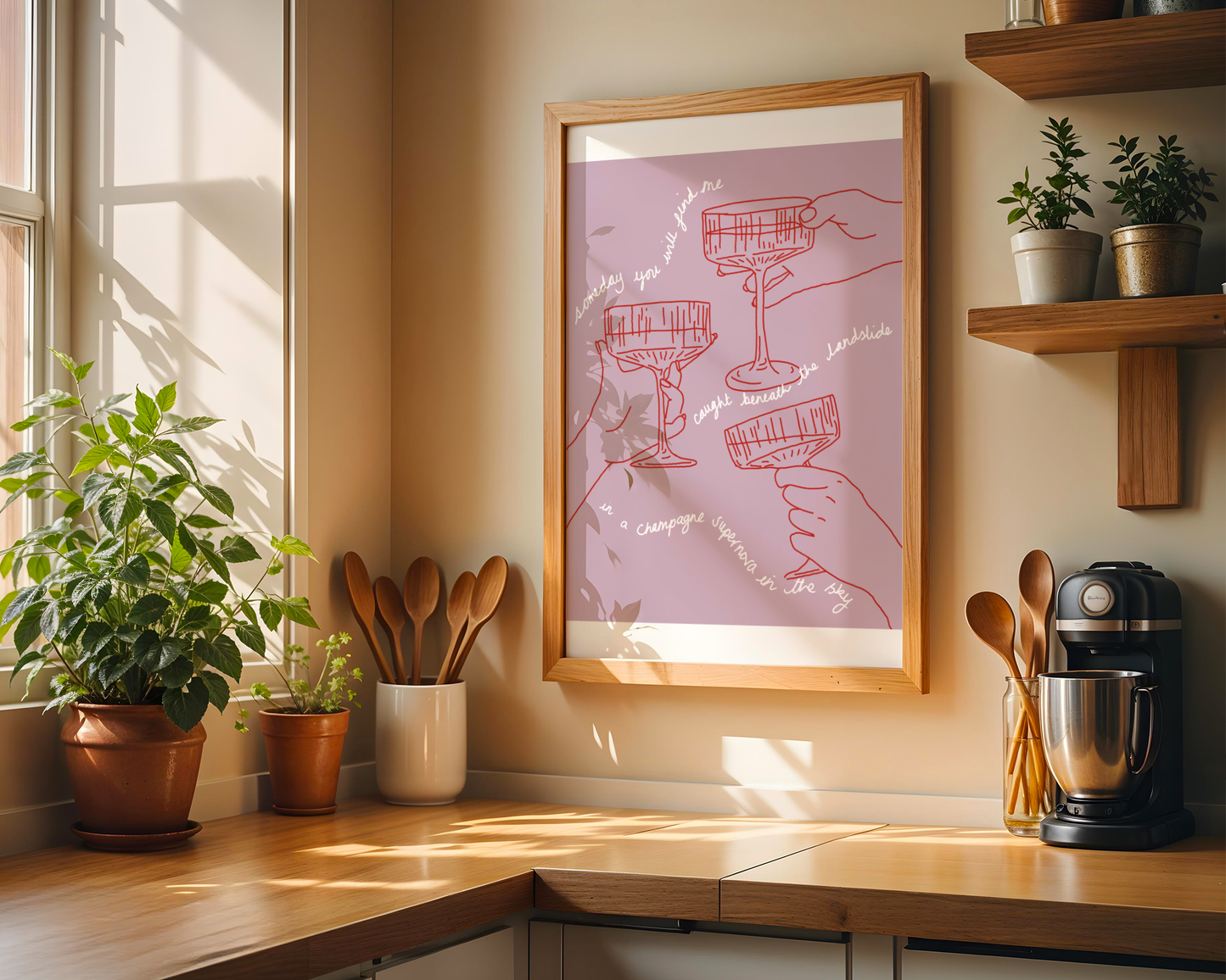 'Champagne Supernova' Art Print – Oasis Inspired Line Art Wall Decor in Pink & Red