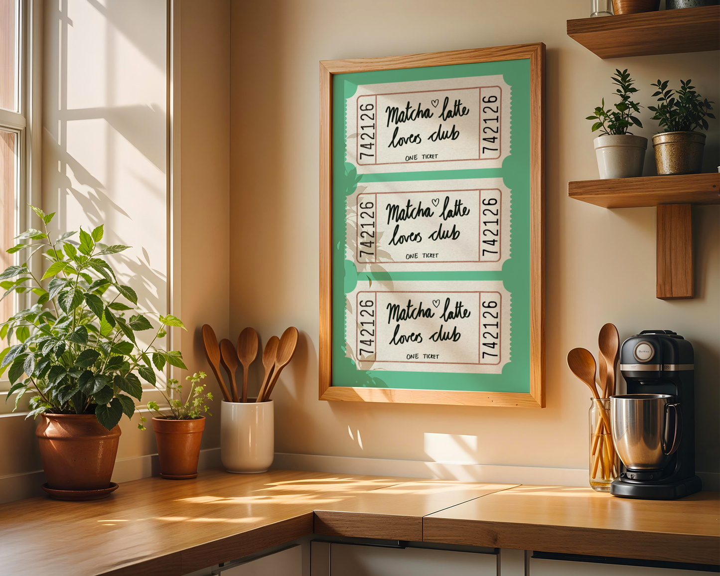 'Matcha Latte Lovers Club' Ticket Art Print – Illustrated Kitchen Wall Decor in Jade Green & Cream