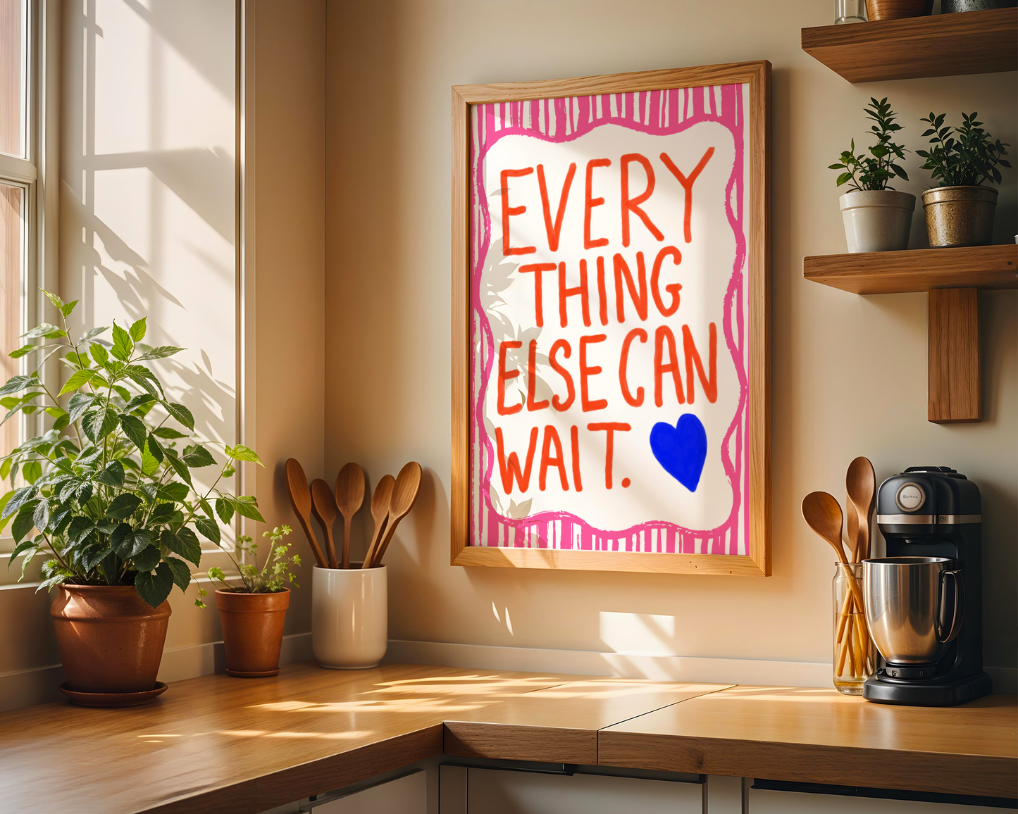 'Everything Else Can Wait' Typography Art Print – Bold Maximalist Wall Decor in Hot Pink, Orange & Cobalt