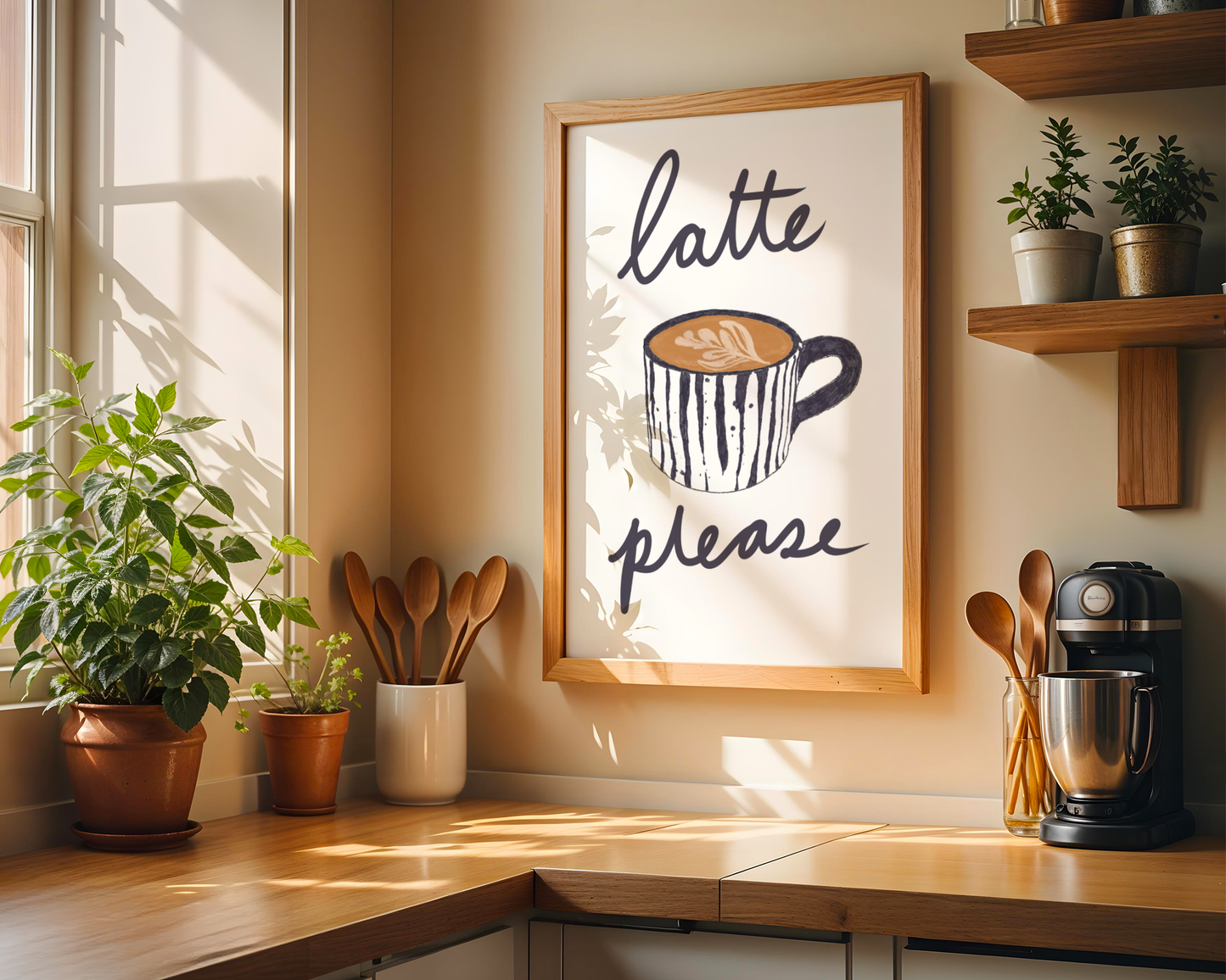 'Latte Please' Art Print – Illustrated Coffee Kitchen Wall Decor in Charcoal & Warm Cream