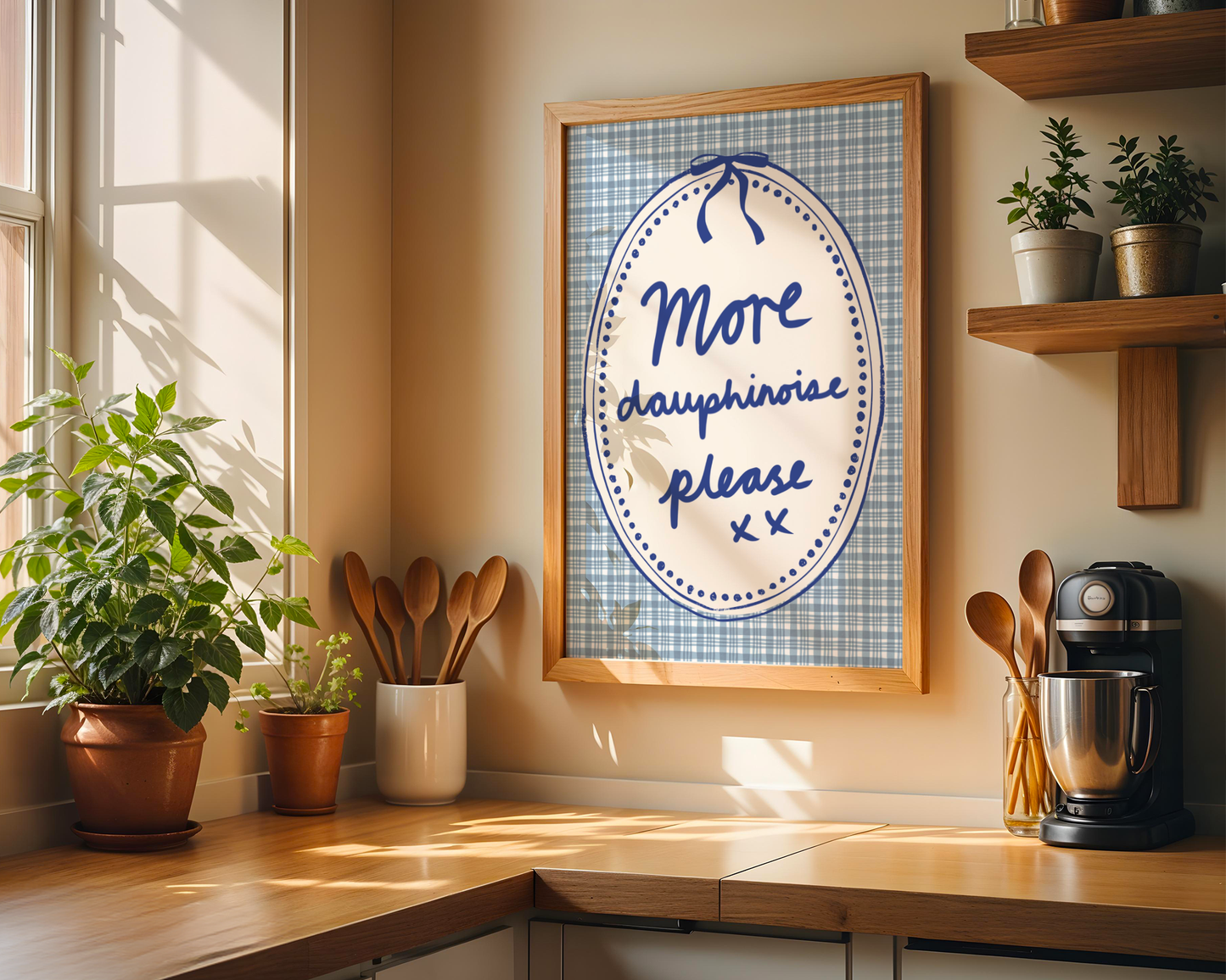 'More Dauphinoise Please' Typography Art Print – Illustrated French Kitchen Wall Decor in Cornflower Blue & Cream
