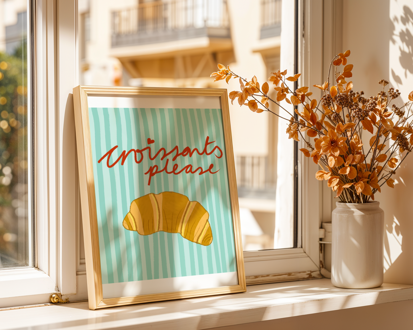 'Croissants Please' Art Print – Illustrated Kitchen Wall Decor in Mint Green & Golden Amber