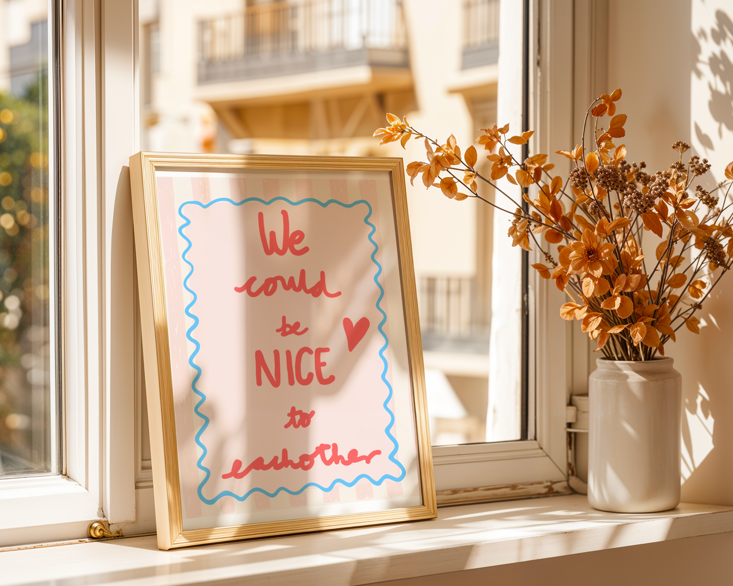 'We Could Be Nice To Each Other' Typography Art Print – Uplifting Pastel Wall Decor in Pink, Coral & Blue