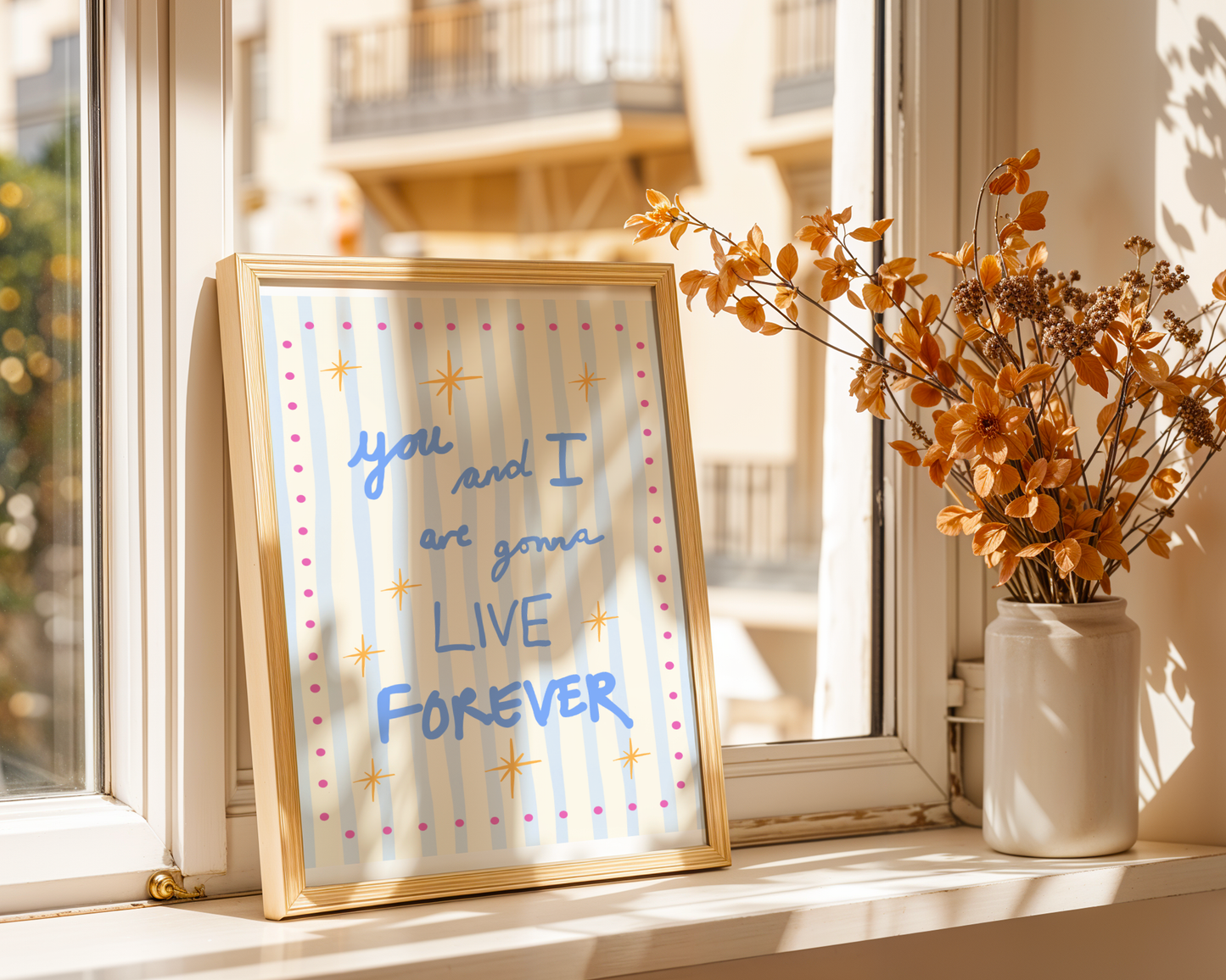 'You and I Are Gonna Live Forever' Typography Art Print – Oasis Inspired Retro Wall Decor in Blue & Cream