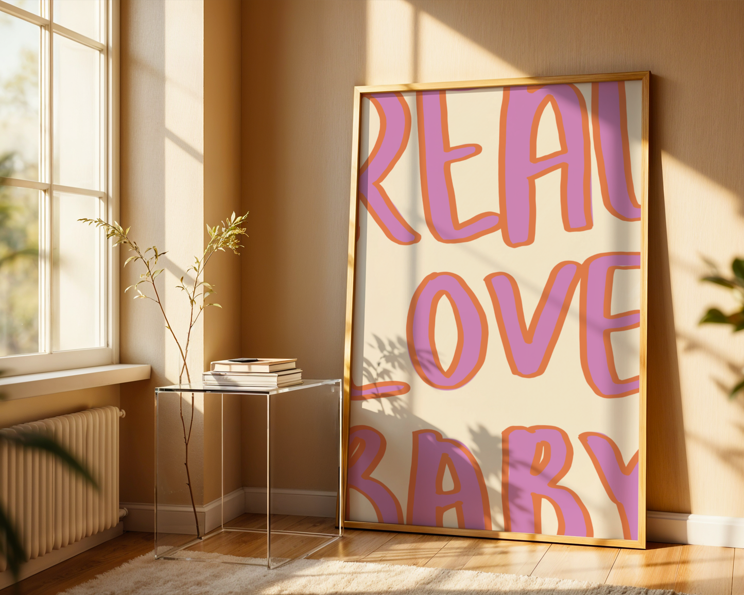 'Real Love Baby' Typography Art Print – Retro Bubble Letter Wall Decor in Lilac & Tangerine