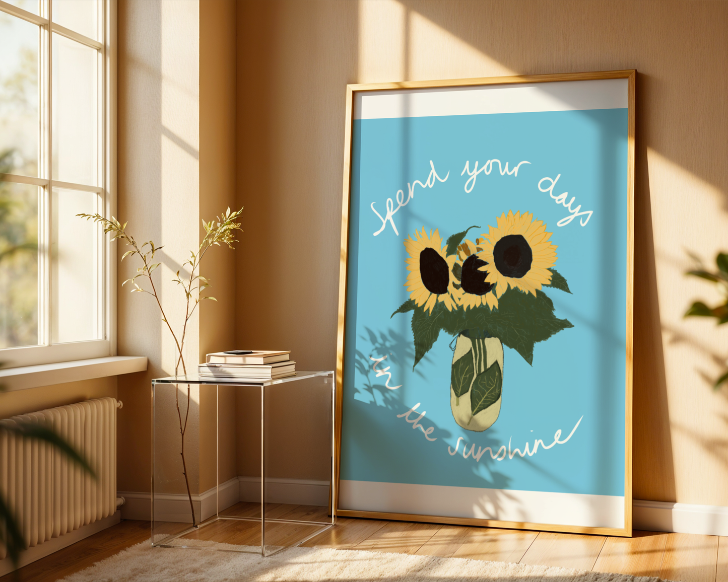 'Spend Your Days In The Sunshine' Art Print – Oasis Inspired Sunflower Wall Decor in Sky Blue & Yellow