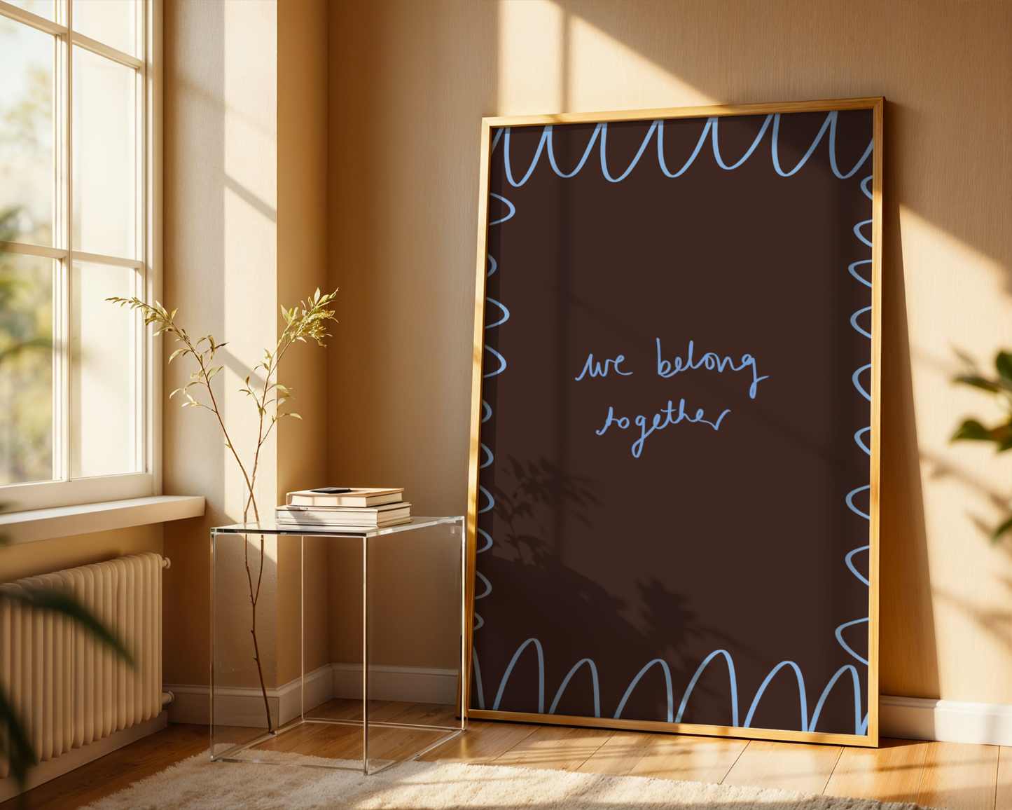 'We Belong Together' Typography Art Print – Romantic Dark Bedroom Wall Decor in Mocha & Blue