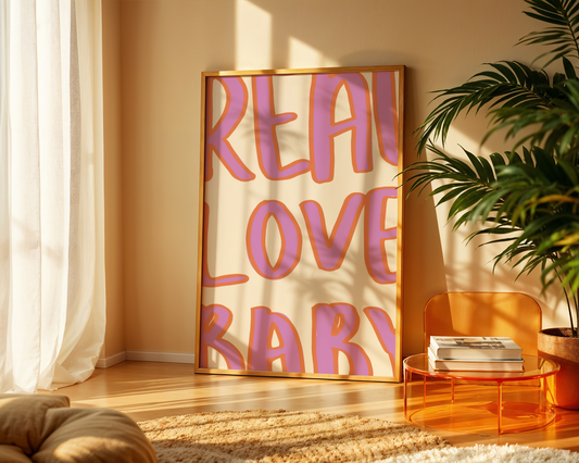 'Real Love Baby' Typography Art Print – Retro Bubble Letter Wall Decor in Lilac & Tangerine