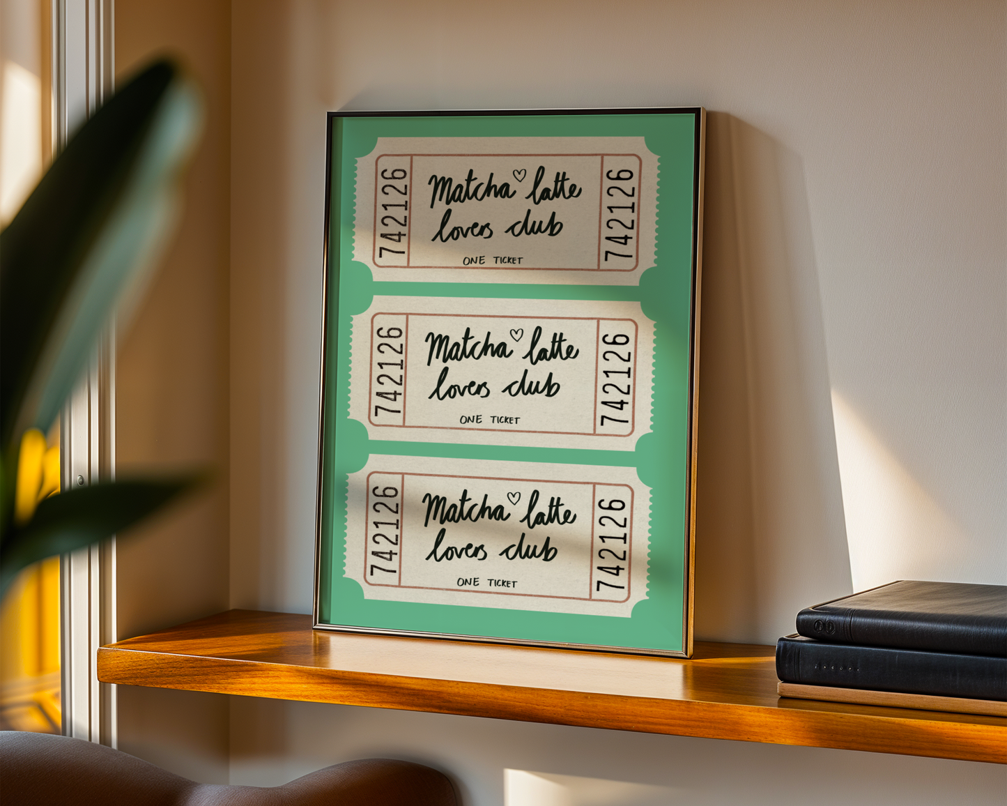 'Matcha Latte Lovers Club' Ticket Art Print – Illustrated Kitchen Wall Decor in Jade Green & Cream