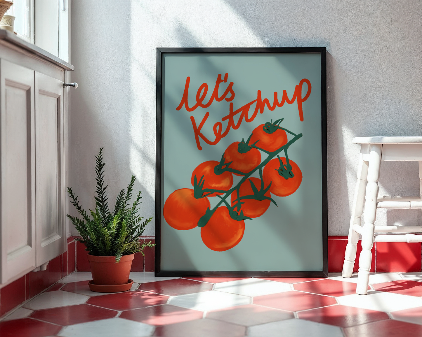 'Let's Ketchup' Art Print – Illustrated Kitchen Wall Decor in Sage Green & Tomato Red