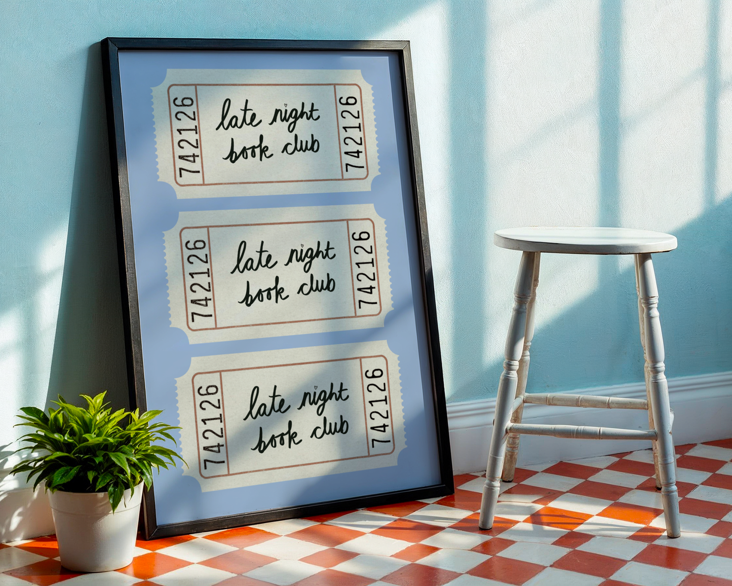 'Late Night Book Club' Ticket Print: Retro Blue Literary Wall Art