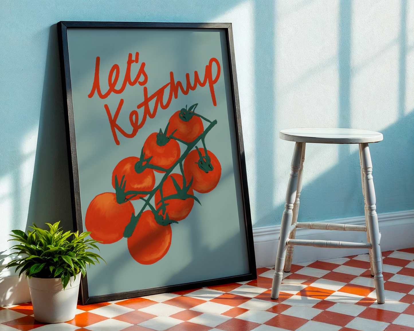 'Let's Ketchup' Art Print – Illustrated Kitchen Wall Decor in Sage Green & Tomato Red