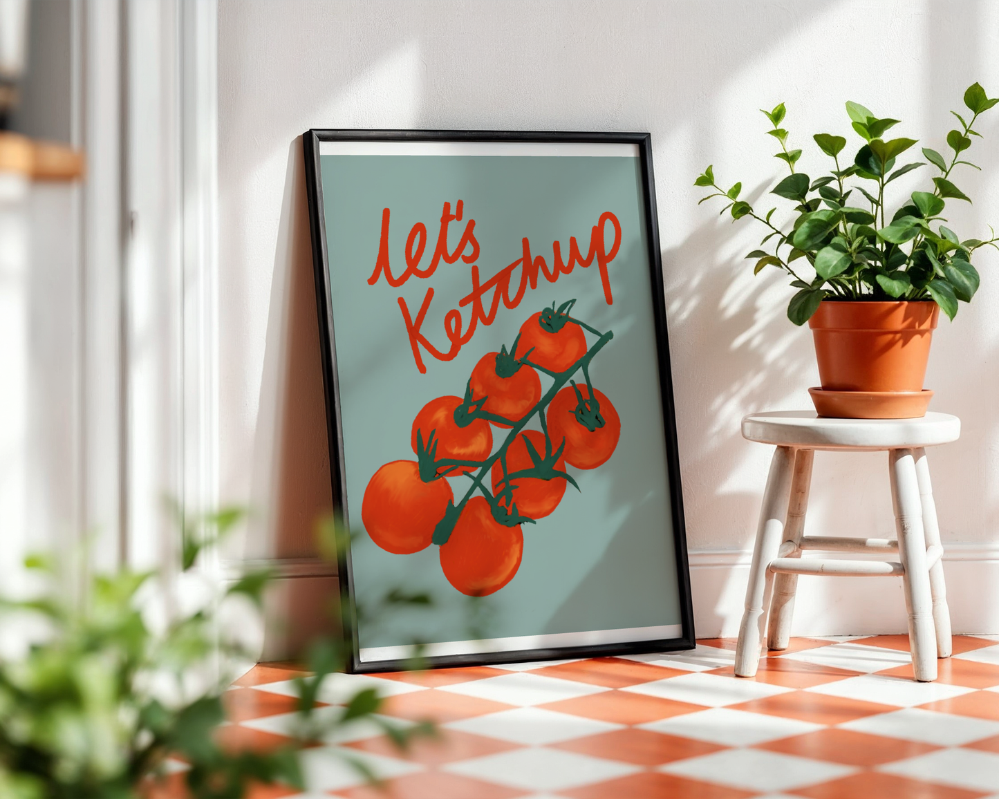 'Let's Ketchup' Art Print – Illustrated Kitchen Wall Decor in Sage Green & Tomato Red