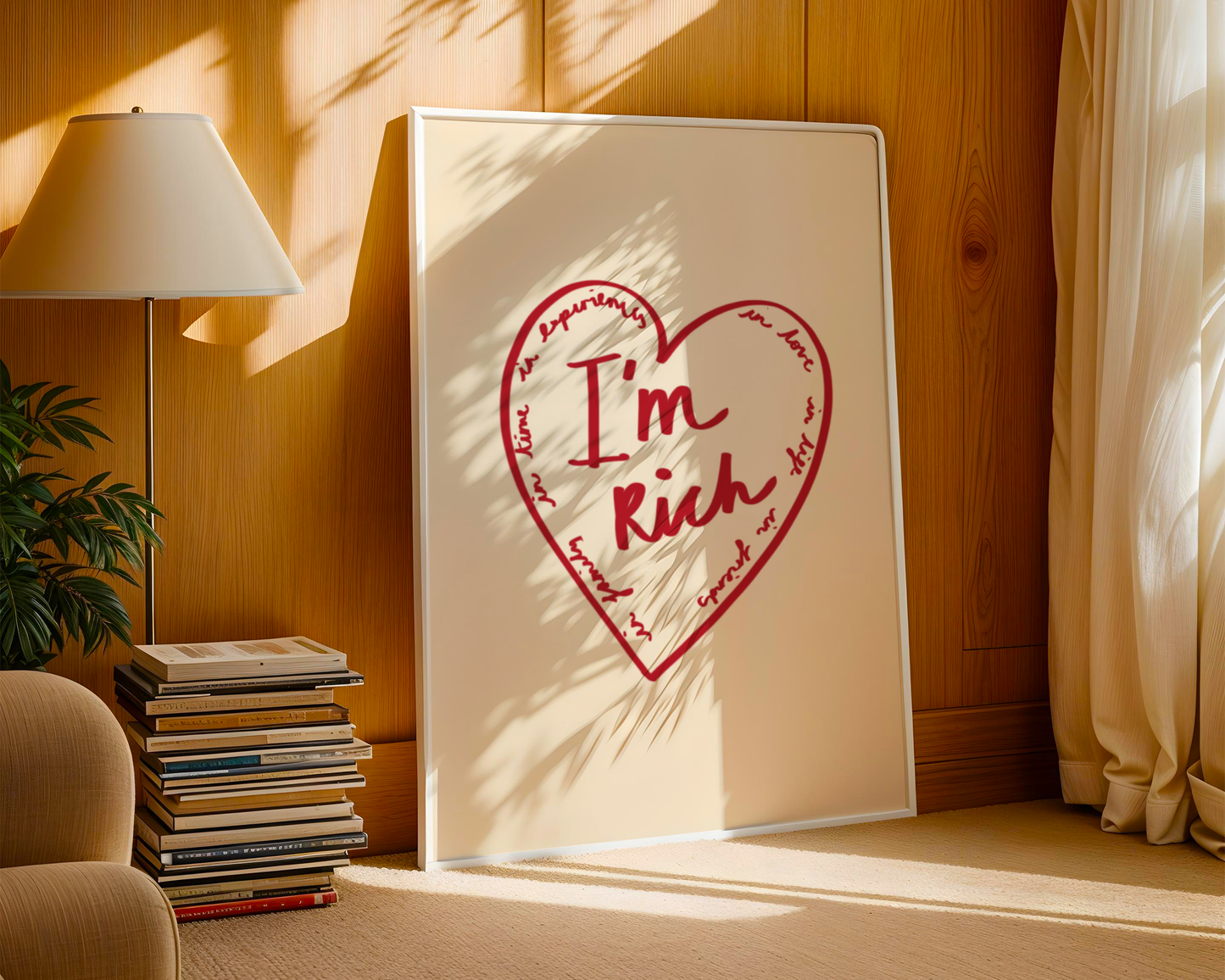 'I'm Rich' Heart Typography Art Print – Meaningful Minimalist Wall Decor in Red & Cream