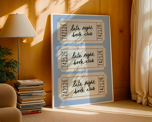 'Late Night Book Club' Ticket Print: Retro Blue Literary Wall Art