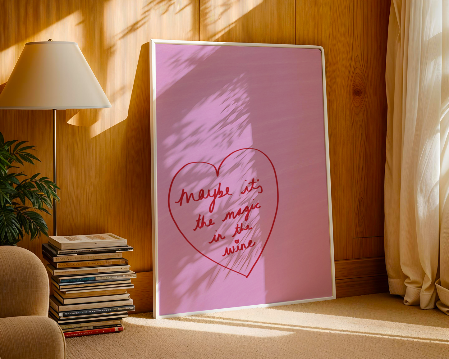 'Magic in the Wine' Heart Art Print – Playful Pink & Red Typography Poster for Kitchen or Dining