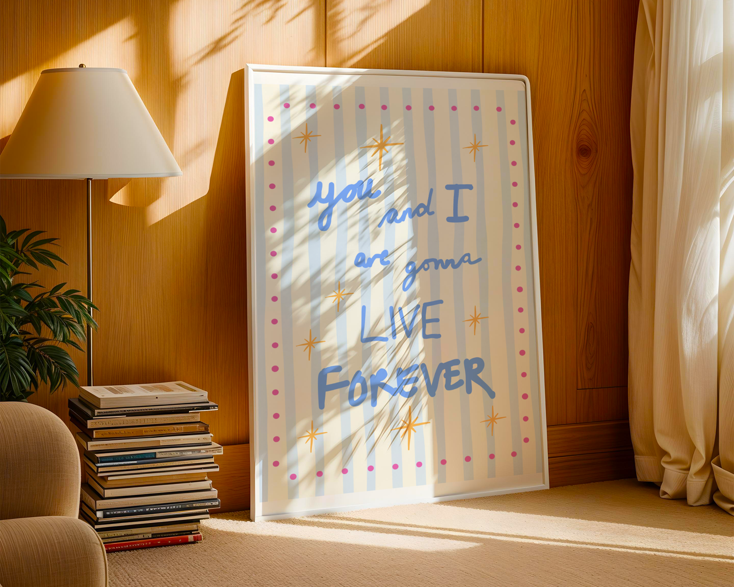 'You and I Are Gonna Live Forever' Typography Art Print – Oasis Inspired Retro Wall Decor in Blue & Cream