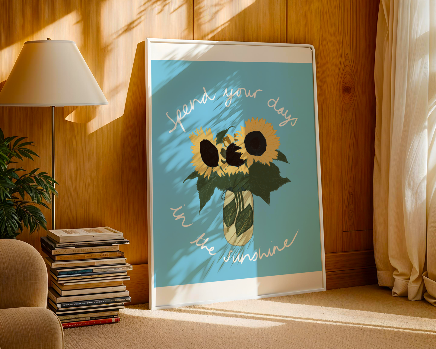 'Spend Your Days In The Sunshine' Art Print – Oasis Inspired Sunflower Wall Decor in Sky Blue & Yellow