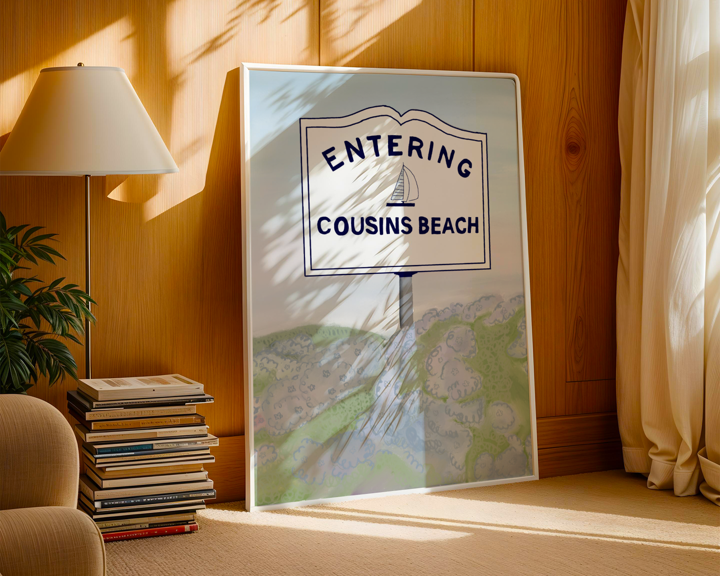 'Entering Cousins Beach' Art Print – Illustrated Coastal Wall Decor in Navy & Soft Watercolour