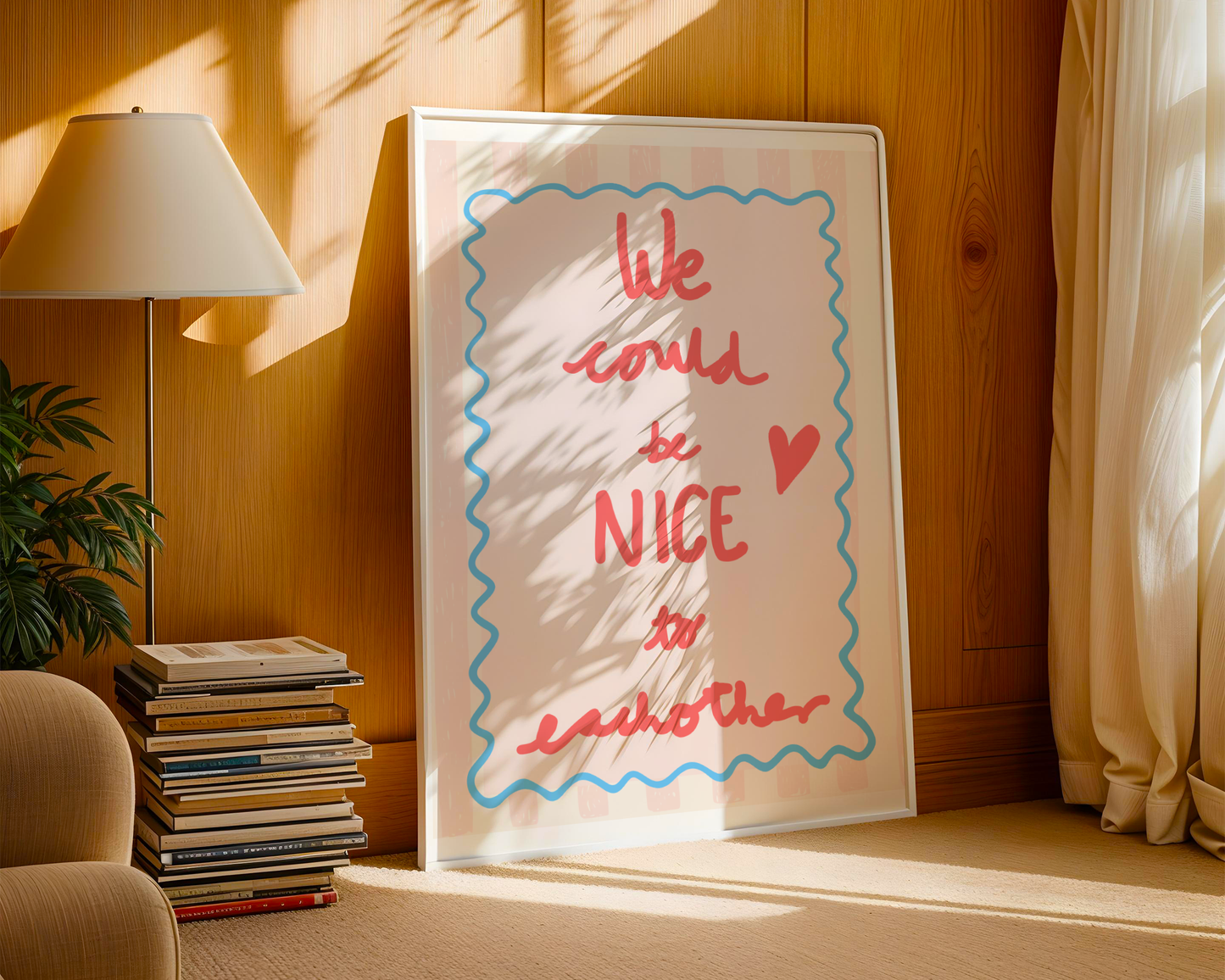 'We Could Be Nice To Each Other' Typography Art Print – Uplifting Pastel Wall Decor in Pink, Coral & Blue