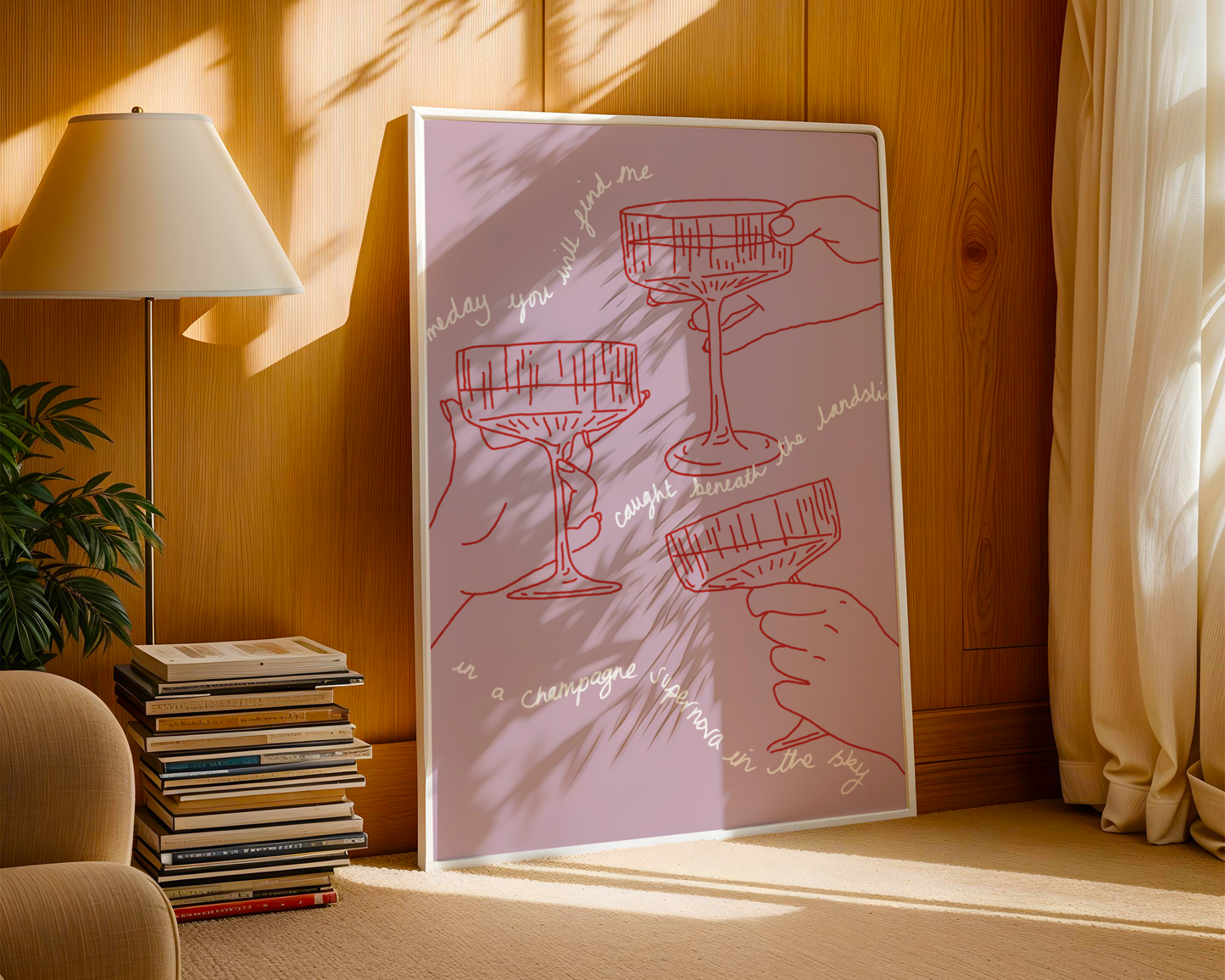 'Champagne Supernova' Art Print – Oasis Inspired Line Art Wall Decor in Pink & Red